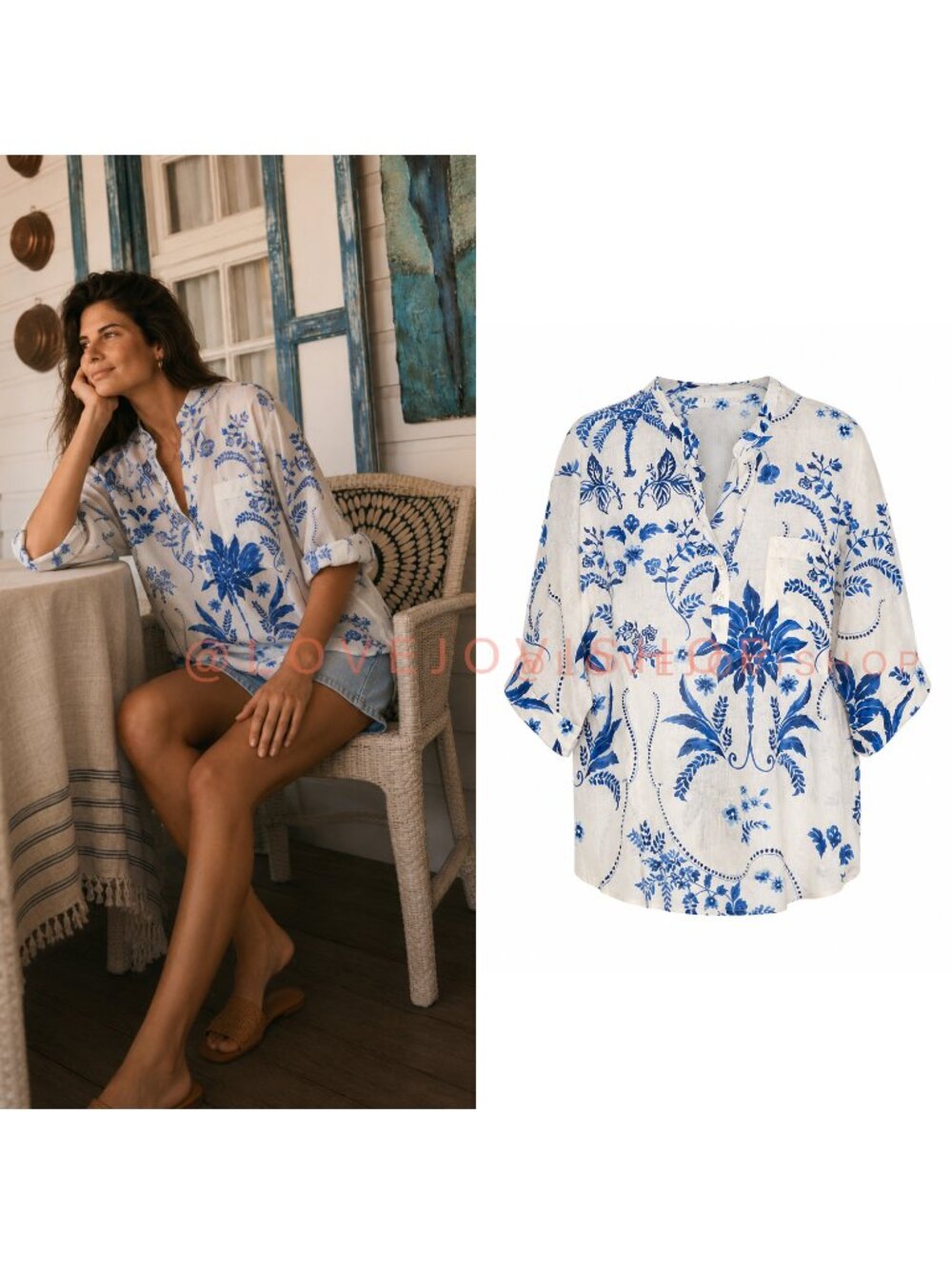 Resort | Mango Blue Floral Subtle Batwing Short Sleeve Lightweight Cotton Tunic